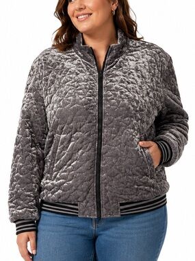 Bernardo Crushed Velvet Quilted Bomber Jacket XL Gray Silver